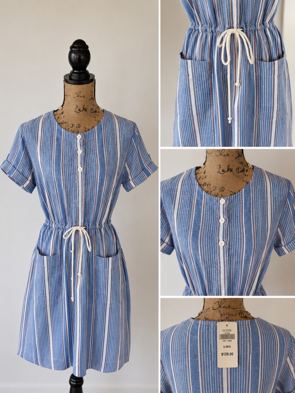 Signature Costal Stripe Drawstring Pocket Button Front Summer Dress